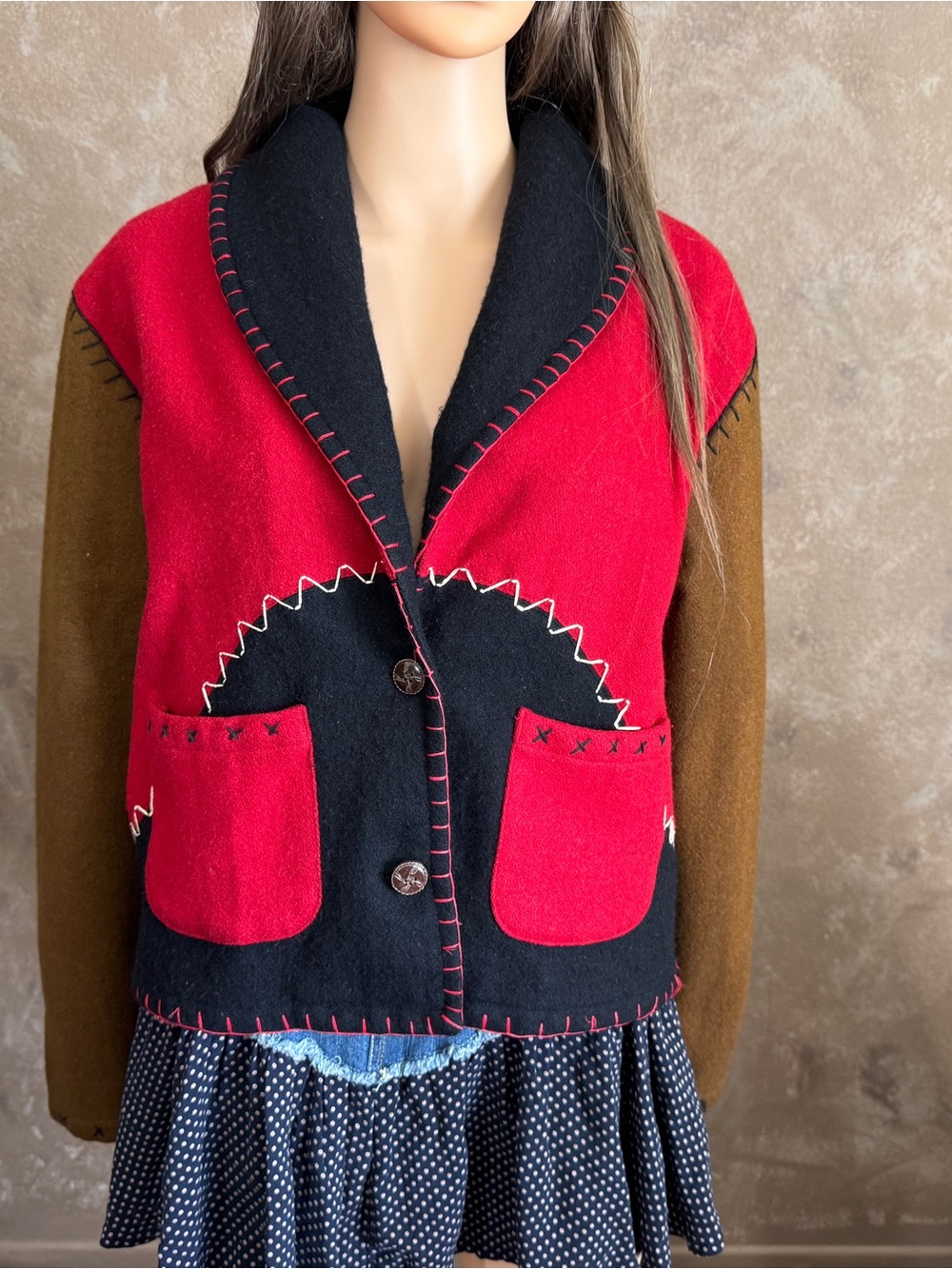 WOOL Statement Jacket 70s, Western Red & Black Women's Patchwork Button Jacket